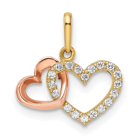 14k Two-tone Genuine Gold CZ Hearts Necklace Mini Charm Pendant